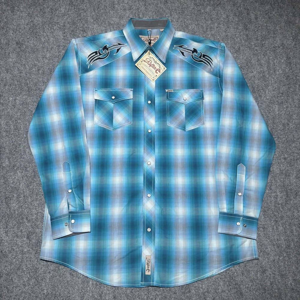 Rafter C Cowboy Collection Pearl Snap Shirt Men XL Blue White Plaid Western NWT